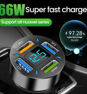 66W 4-Port USB PD Car Charger Adapter Dual 2.4A USB-A PD QC3.0 Fast Charging with Blue LED for iPhone 13 14 14 Pro Max for Huawei Mate50 for Samsung Galaxy S22 for Redmi K60 for OPPO Reno9