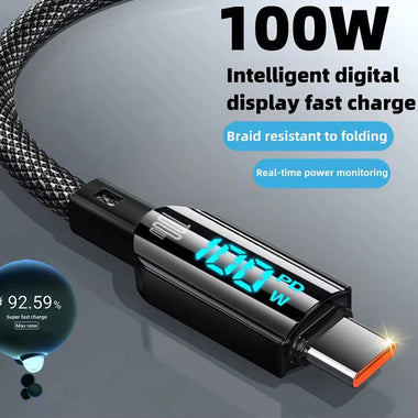 100W USB-A to Type-C Digital Display Cable Fast Charging Data Transmission Tinned Copper Core Line 1.2M Long for iPhone 15 15 Plus for Samsung Galaxy Z Fli6 for Huawei Nova Flip