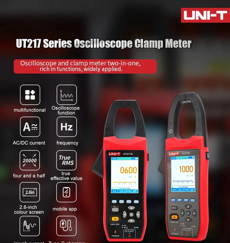 2IN1 UNI-T UT217A UT217B Oscilloscope Multimeter Clamp Meter 1000V AC DC 1000A True RMS Bluetooth Recorder 18650 Lithium Battery NCV Testing Tool