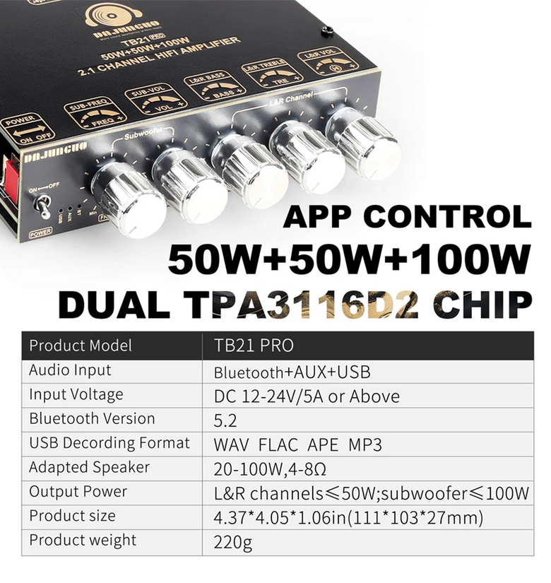 ZK-TB21 PRO 2.1 Channel 5.2 Stereo bluetooth Amplifier Board 50W+50W+100W TPA3116D2 Chip AUX Amplifier