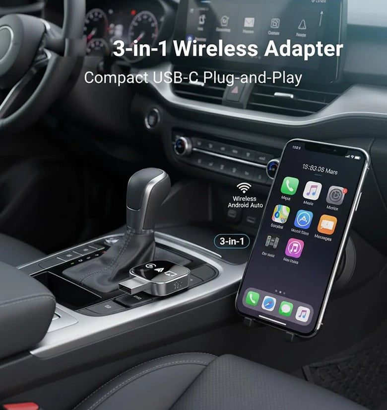 LAESD Q1AS 3 in 1 Car Wireless CarPlay/Android Auto/AirPIay Box Bluetooth 5.0 Plug and Play iP Screen Mirroring Wired to Wireless Carplay Adapter