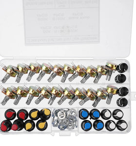 20PCS Single Potentiometer B5k/10k/20k/50k/100k Black White Blue Red And Yellow Knob Cap Set Boxed Knurled Shaft Linear Rotary Taper Potentiometer