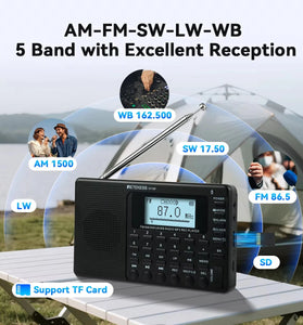 Retekess V115P Portable Bluetooth Radio 5-Band AM FM SW LW WB Flashlight 3 Recording Modes TF Card USB Rechargeable Speaker