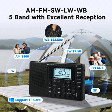 Retekess V115P Portable Bluetooth Radio 5-Band AM FM SW LW WB Flashlight 3 Recording Modes TF Card USB Rechargeable Speaker