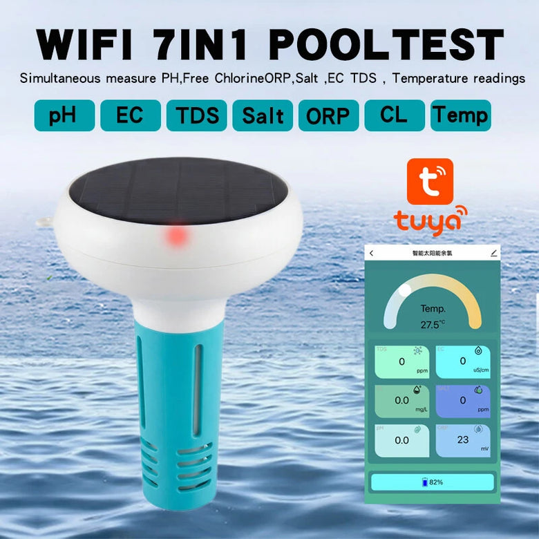 Tuya Zigbe WiFi Pool Water Quality Tester 7-in-1 Monitoring pH Chlorine Salinity Solar USB Charging App Control