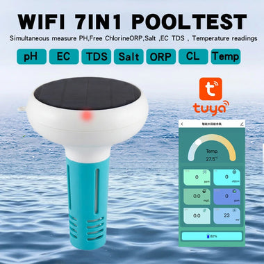 Tuya Zigbe WiFi Pool Water Quality Tester 7-in-1 Monitoring pH Chlorine Salinity Solar USB Charging App Control