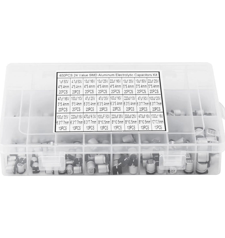 400 Pcs Electrolytic Capacitors Kit 24 Values from 1uF to 1000uF High Quality Aluminum SMD Low Frequency Bypass with Storage Box for DIY Electronic Projects