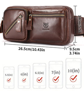 BULLCAPTAIN Men's Genuine Leather Waist Bag Large Capacity Chest Bag Outdoor Sports Zipper Fanny Packs