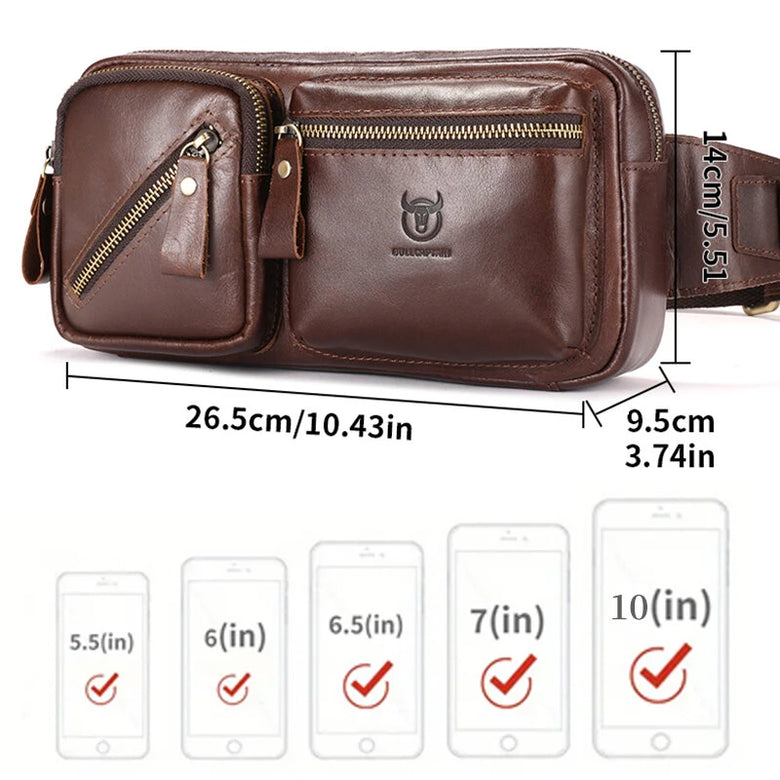 BULLCAPTAIN Men's Genuine Leather Waist Bag Large Capacity Chest Bag Outdoor Sports Zipper Fanny Packs