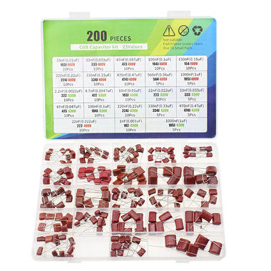 200PCS 23 Values CBB Capacitor Assortment Kit Metallized Polyester Film 400V 630V High Voltage 5% Tolerance for Electronic Projects
