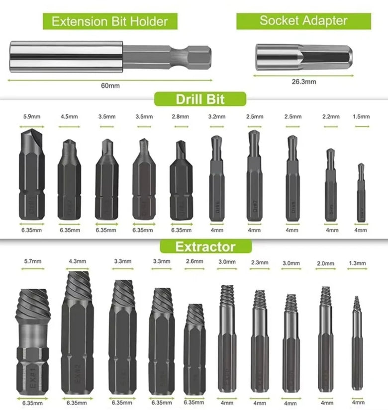 22pcs Screw Extractor Set High Speed Steel 4241 Magnetic Drill Bit Holder Stripped Damaged Screws Bolts Remover Tool