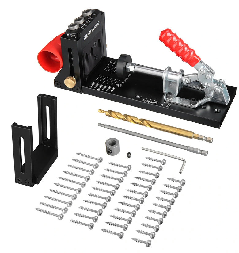 ENJOYWOOD XK4 Pocket Hole Jig Kit Aluminum Alloy Adjustable Woodworking Drilling Guide for Angled Holes with Drill Bit