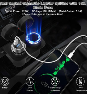 Car Socket with Blade Fuse 2-Socket  Splitter 12V Lighter Power Outlet Replacement Waterproof Plug for Car Marine Truck ATV RV