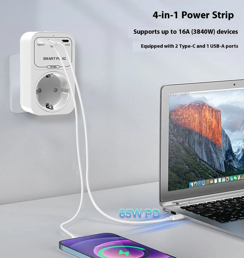 OT50 Tuya Smart WiFi GaN Fast Charger EU Socket 65W PD Charging 2 Type-C+USB-A Ports APP Remote Push Timing Function Voice Control with Alexa Google Assistant