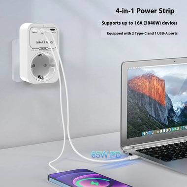 OT50 Tuya Smart WiFi GaN Fast Charger EU Socket 65W PD Charging 2 Type-C+USB-A Ports APP Remote Push Timing Function Voice Control with Alexa Google Assistant