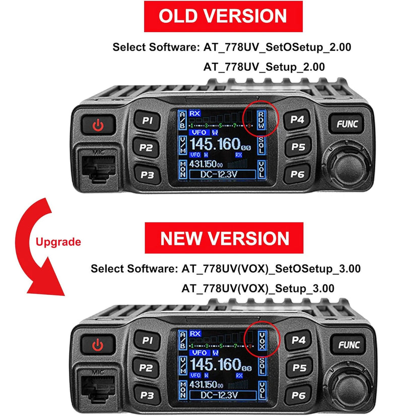 AT-778UV II Dual Band Mobile Radio 25W VHF UHF 200 Channels CHIRP Compatible 144-148MHz 420-480MHz Adjustable Mic Gain LCD