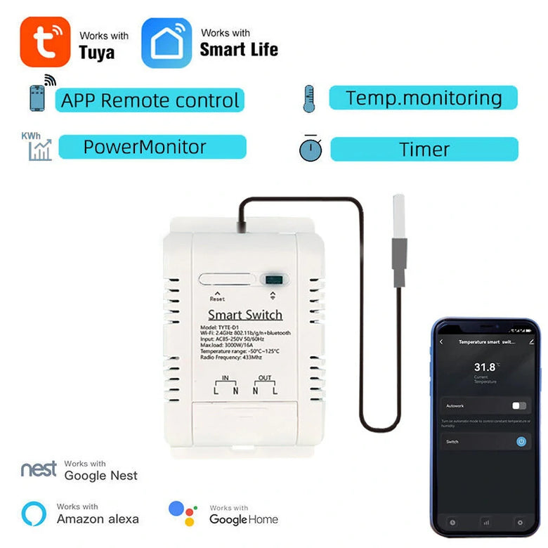 Tuya Smart Life WiFi Temperature Switches 16A/20A Smart Thermostat Real-time Energy Comsuptiom Monitoring APP Remote Control Work with Alexa Google Home