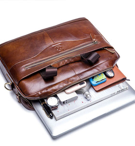 BULLCAPTAIN 14 inch Laptop Men's Genuine Leather Briefcase Office Business Large Capacity Handbag with Strap
