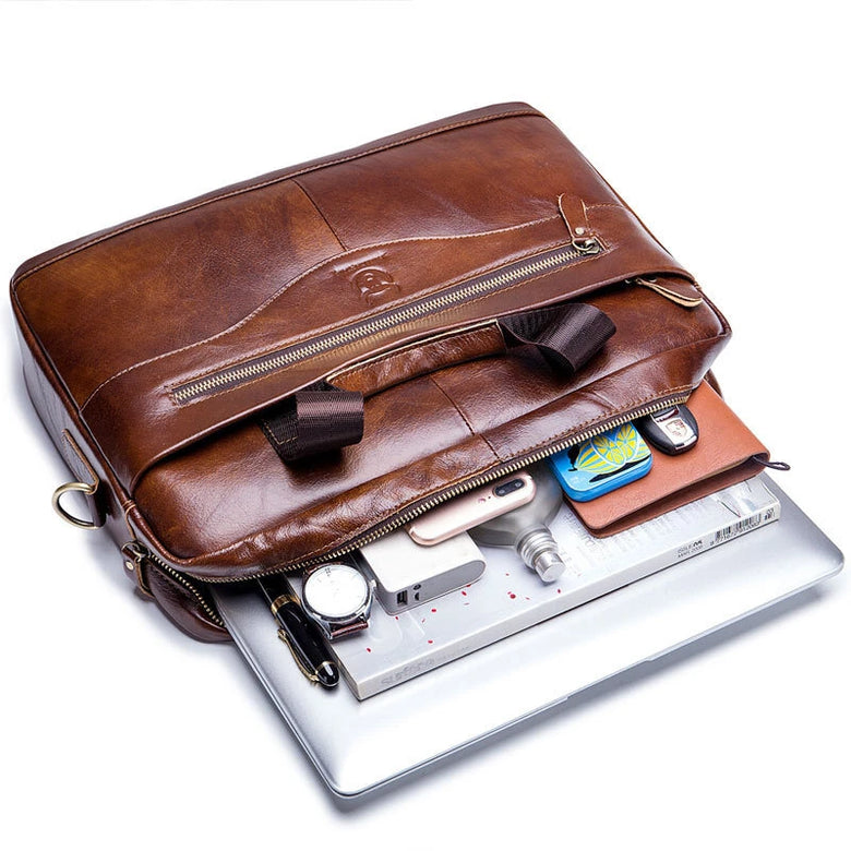 BULLCAPTAIN 14 inch Laptop Men's Genuine Leather Briefcase Office Business Large Capacity Handbag with Strap