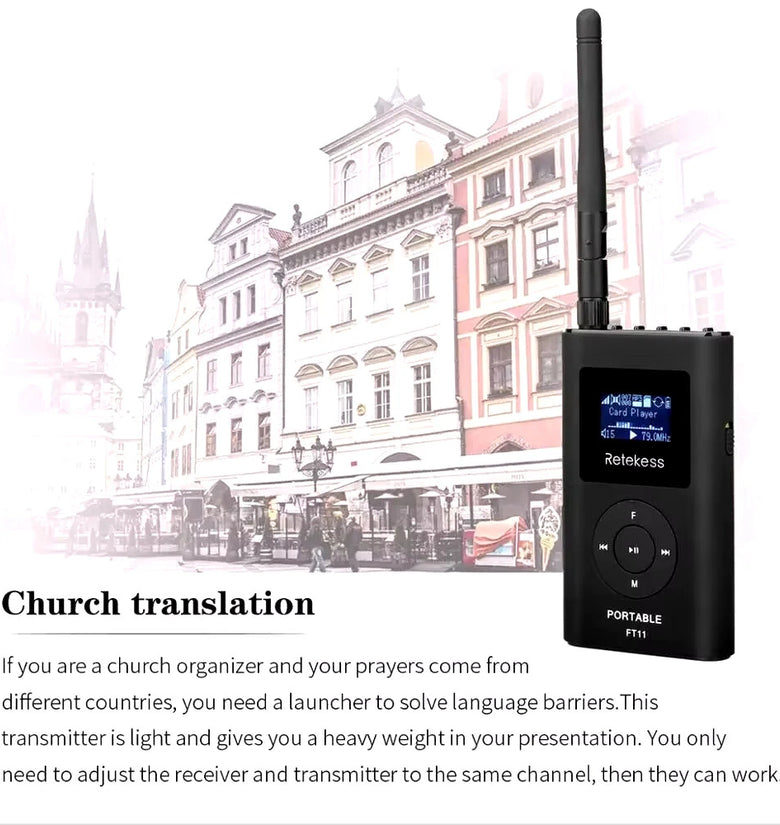 Retekes FT11 FM Transmitter Microphones Wireless MIC Transmitter for Church Tour Guide Meeting Support AUX TF Card
