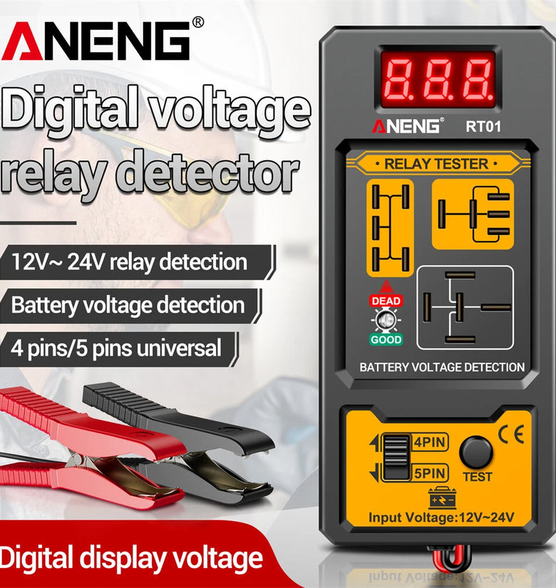 ANENG RT01 Automotive Relay Tester Digital Voltage Relay Detecter 4-Pin 5-Pin Relay Display 12V 24V Battery Diagnostic Tool