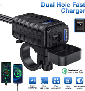 48W Motorcycle USB Charger QC3.0 & PD Fast Charge 3.0 Motorcycle USB USB Type C Phone Charger with Voltmeter and On/Off Switch