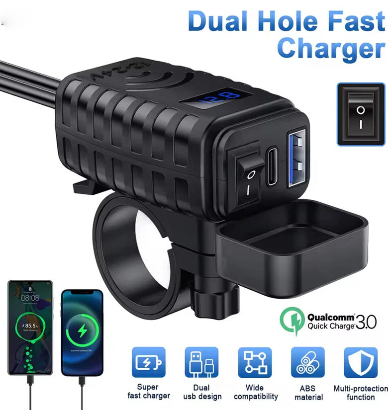 48W Motorcycle USB Charger QC3.0 & PD Fast Charge 3.0 Motorcycle USB USB Type C Phone Charger with Voltmeter and On/Off Switch
