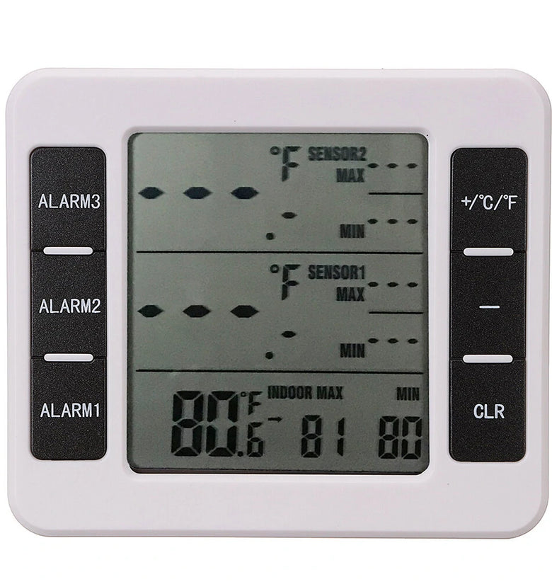 High Accuracy 433MHz Thermometer with Smart Alarm Function Indoor and Outdoor Temperature Range LCD Display Energy Efficient Multiple Installation Options Includes Host and 2 Sensors