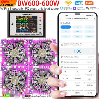 ATORCH BW600 Electronic Load Tester 600W 200V 50A Bluetooth Control Adjustable Power DC Tester Color Display Heat Management Modular Fans