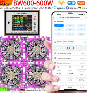 ATORCH BW600 Electronic Load Tester 600W 200V 50A Bluetooth Control Adjustable Power DC Tester Color Display Heat Management Modular Fans