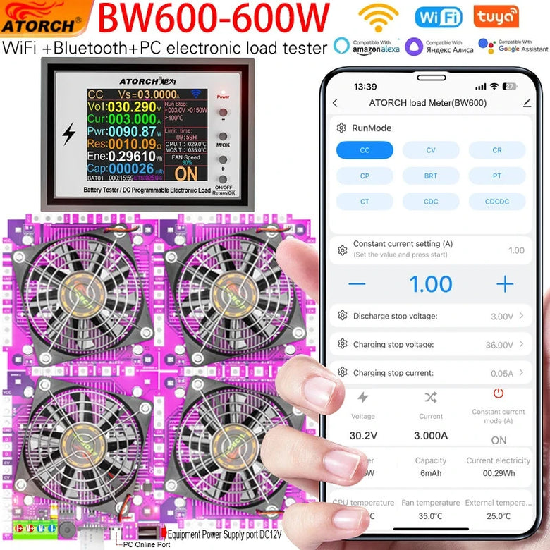 ATORCH BW600 Electronic Load Tester 600W 200V 50A Bluetooth Control Adjustable Power DC Tester Color Display Heat Management Modular Fans