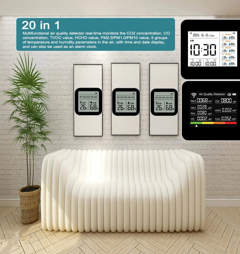 20-in-1 Tuya Multifunctional Air Quality Tester CO2 CO TVOC HCHO PM2.5 Temperature Humidity Monitor Tuya APP Control 2000mAh Battery