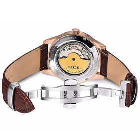 LIGE Men Watches Automatic Mechanical Watch Genuine Leather Waterproof Multifunctional Luxury Man Watch