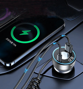 2-in-1 190W Car Lighter Charger Fast Charging with Retractable Data Cable Car Charge Adapter Socket USB Converter