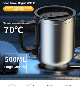 500ML 12V Car Heating Cup Insulated Water Cup Travel Mug Bottle Car Electric Kettle Car Heating Cup Stainless Steel Thermos Heating Water Bottle Car Kettle Thermos Water Tea Milk