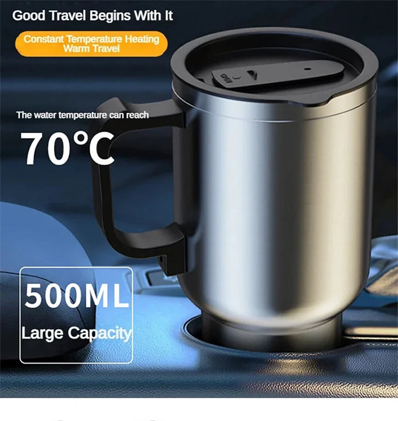 500ML 12V Car Heating Cup Insulated Water Cup Travel Mug Bottle Car Electric Kettle Car Heating Cup Stainless Steel Thermos Heating Water Bottle Car Kettle Thermos Water Tea Milk