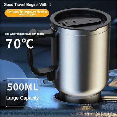 500ML 12V Car Heating Cup Insulated Water Cup Travel Mug Bottle Car Electric Kettle Car Heating Cup Stainless Steel Thermos Heating Water Bottle Car Kettle Thermos Water Tea Milk