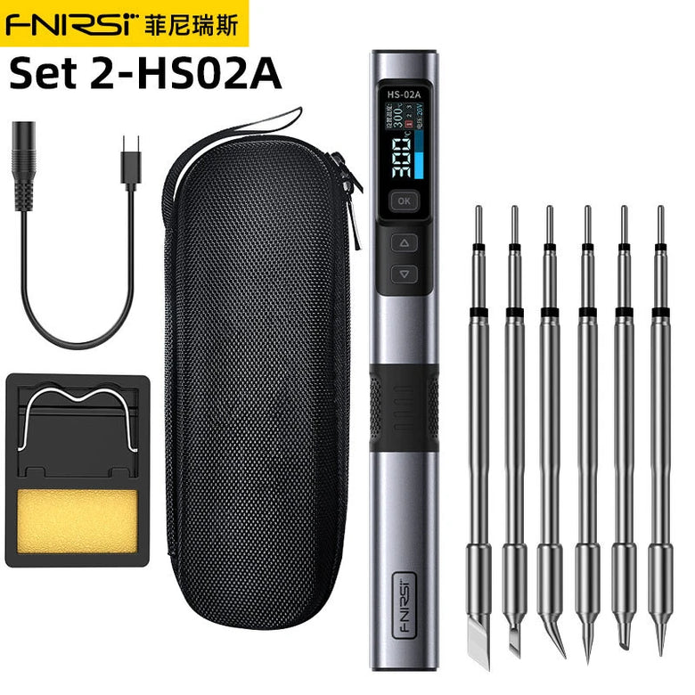 FNIRSI HS-02A Smart Soldering Iron with 6 Tips High-Power 100W Adaptable to Quick Charging PD/QC Protocol Wide Temperature Range 180-842F Featuring Adaptive Power Efficiency 0.96 IPS HD Color Screen