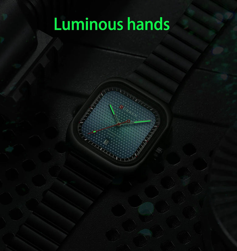 CURREN 36MM Large Dial Fashion Square Men's Quartz Watch Waterproof Luminous Calendar Clock Stainless Steel Business Casual Wristwatch