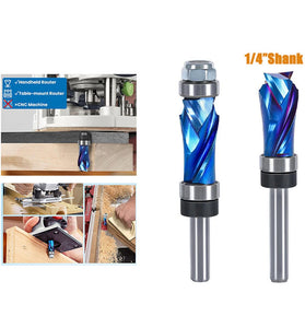 1/4 Inch 6.35mm Shank Nano Blue Coated Carbide Compression Flush Trim Router Bit Top and Bottom Bearing 1/2" Cutting Diameter for Woodworking Trimming and Slotting