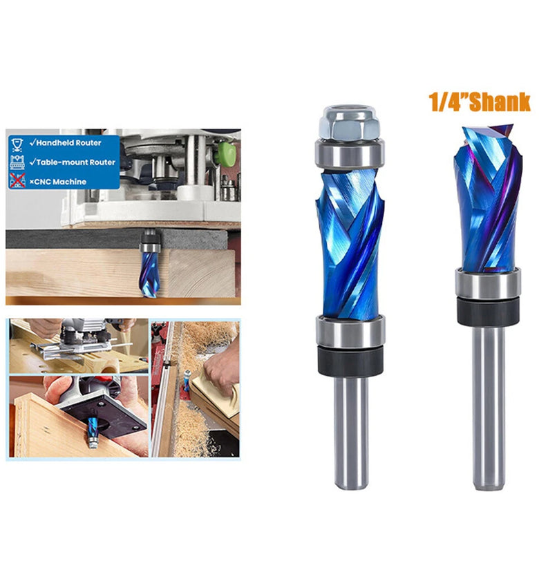1/4 Inch 6.35mm Shank Nano Blue Coated Carbide Compression Flush Trim Router Bit Top and Bottom Bearing 1/2