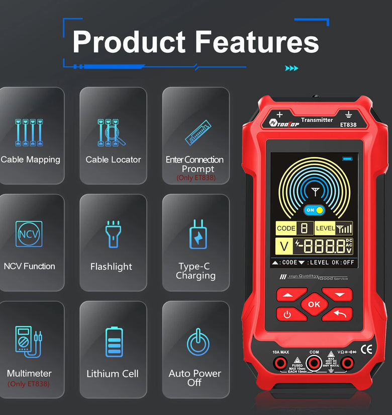 ET836 ET838 Underground Cable Tester Locator Wire Tracker Detection Multimeter Wall Electrical Lines Water and Gas Supply Pipeline Path