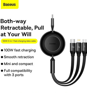 Baseus Bright Mirror Series II 100W Type-C to Micro/iP/Type-C Retractable Cable Fast Charging Data Transmission Copper Core Line 1.1M Long for iPhone 15 14 13 for Samsung Galaxy S24 for Xiaomi 14pro for Huawei Mate60 Pro