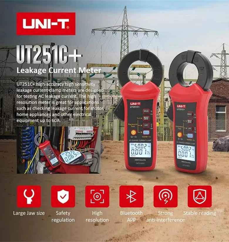UNI-T UT251C+ Leakage Current Clamp Meter True RMS Bluetooth AC Current Tester 3000 Counts Harmonic Measurement Portable Auto Off
