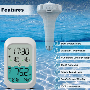MESTEK CP02 Wireless Floating Thermometer Pool Water Temperature Monitor 500ft Range LED Backlight Waterproof Indoor Outdoor