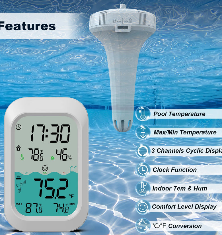 MESTEK CP02 Wireless Floating Thermometer Pool Water Temperature Monitor 500ft Range LED Backlight Waterproof Indoor Outdoor