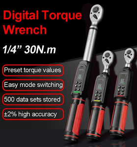 Digital Torque Wrench 1/4" 3/8" 0.15-10Nm 0.45-30Nm 0.9-60Nm 2.025-135Nm 2% Accuracy High Precision LED Display Triple Alerts Ergonomic Handle Storage Box Included