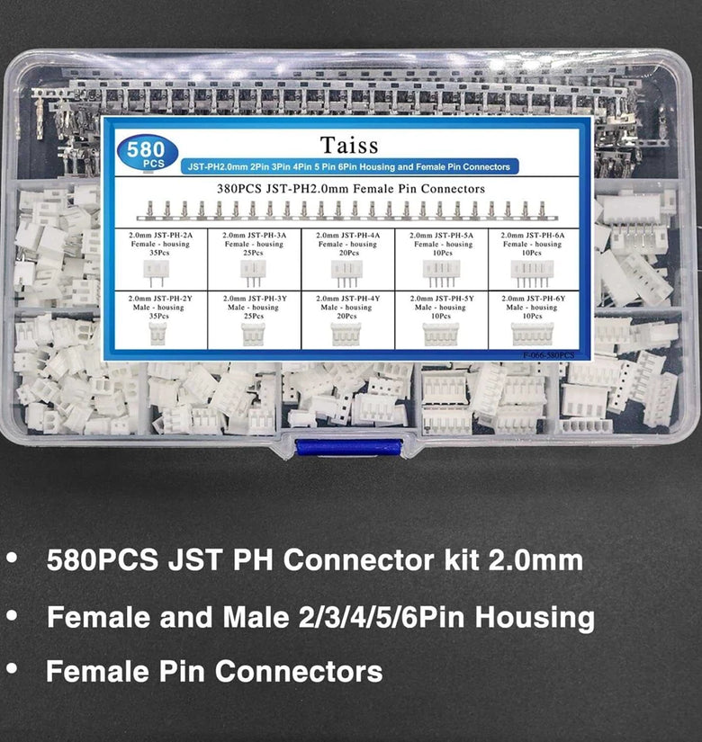 580PCS JST-PH2.0mm Pitch 2P3P4P5P6P Plastic Shell Straight Pin Base Connector Terminal