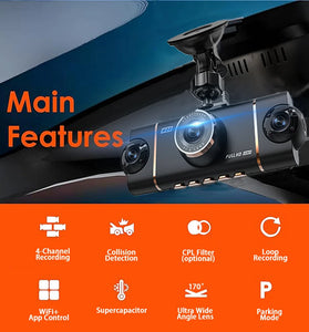 3 Inch IPS Screen 4 Lens Car Dashboard DVR Dash Camera Wifi Infrared Night Vision G-sensor 1920x1080P Video Resolution