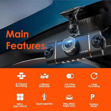 3 Inch IPS Screen 4 Lens Car Dashboard DVR Dash Camera Wifi Infrared Night Vision G-sensor 1920x1080P Video Resolution
